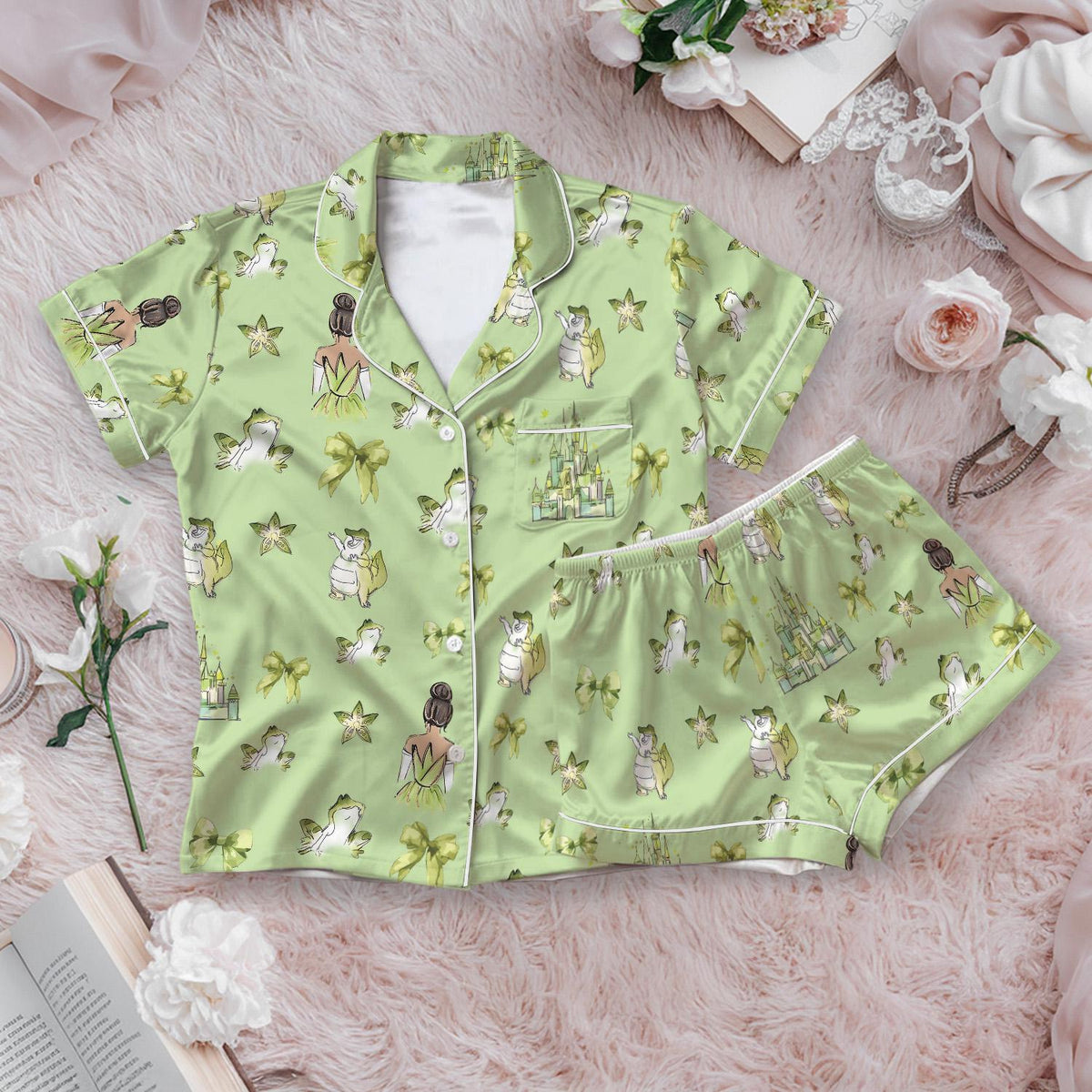 Coquette Bow Tiana Princess Satin Pajamas Short Set, Disney Princess Short Sleeve Pjs, Tiana Princess and the Frog Pajamas