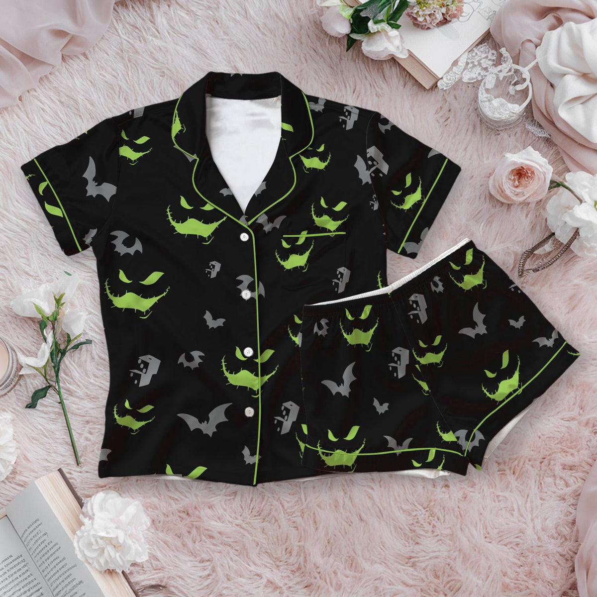 Oogie Boogie Halloween Satin Pajamas Shorts Set, Disney Halloween Short Sleeve Pjs, Spooky Disney Sleepwear, Disney Villain Pjs Set