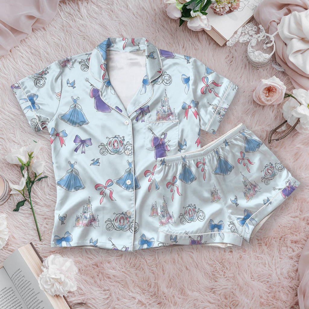 Disney Cinderella Satin Pajamas Short set, Disney Princess Short Sleeve Pjs, Fairytale Pjs Shorts, Coquette Bow Princess Pajamas