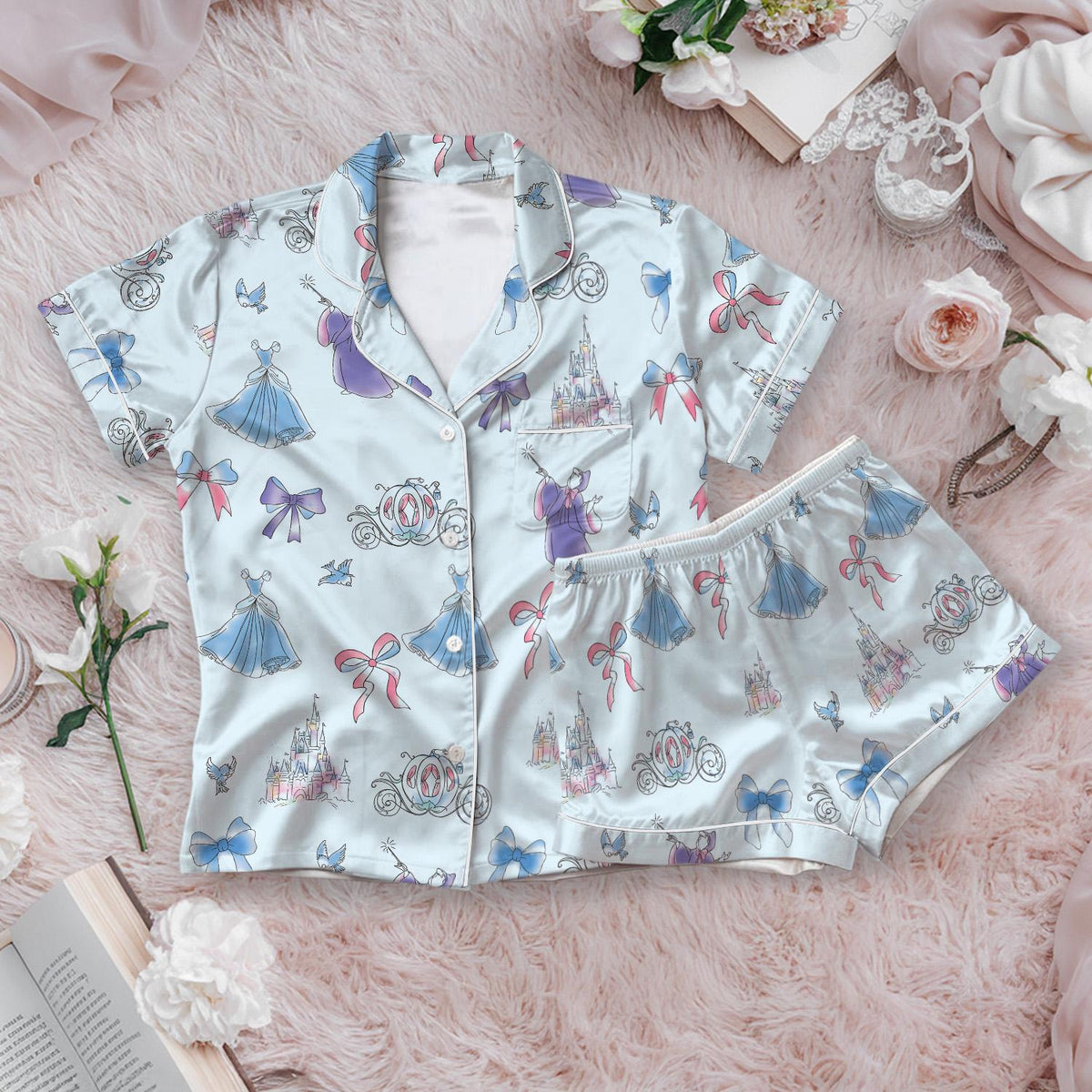 Disney Cinderella Satin Pajamas Short set, Disney Princess Short Sleeve Pjs, Fairytale Pjs Shorts, Coquette Bow Princess Pajamas