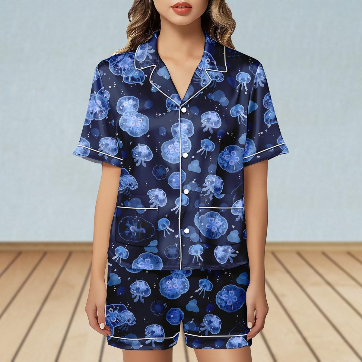 Jellyfish Satin Pajamas Set, Ocean Women Sleepwear, Cute Sea Creature Short Pajamas, Summer Nightwear, Funny Holiday Pjs, Gift For Her