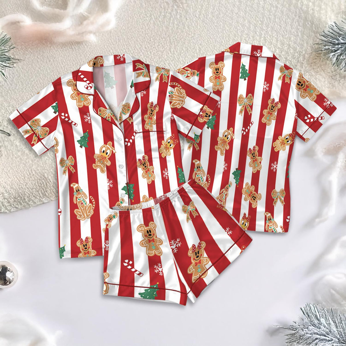 Mickey And Friends Gingerbread Bakery Christmas Pajamas, Disneyland Very Merry Xmas Satin Set, Holiday Family Gift