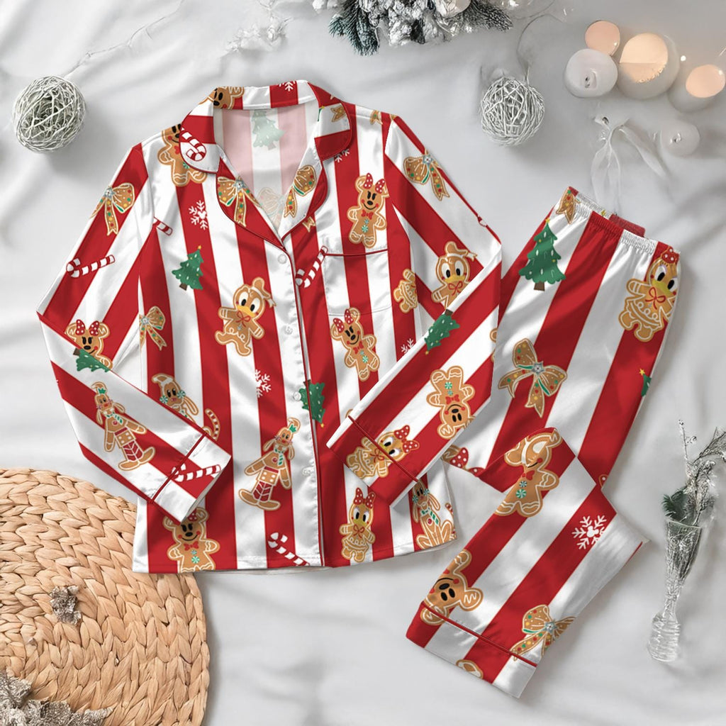Mickey And Friends Gingerbread Bakery Christmas Pajamas, Disneyland Very Merry Xmas Satin Set, Holiday Family Gift