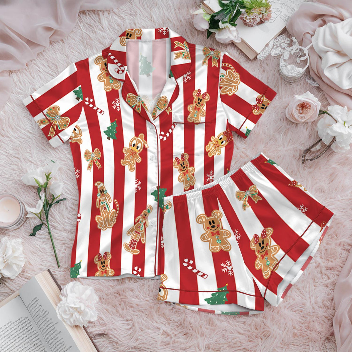 Mickey And Friends Gingerbread Bakery Christmas Pajamas, Disneyland Very Merry Xmas Satin Set, Holiday Family Gift