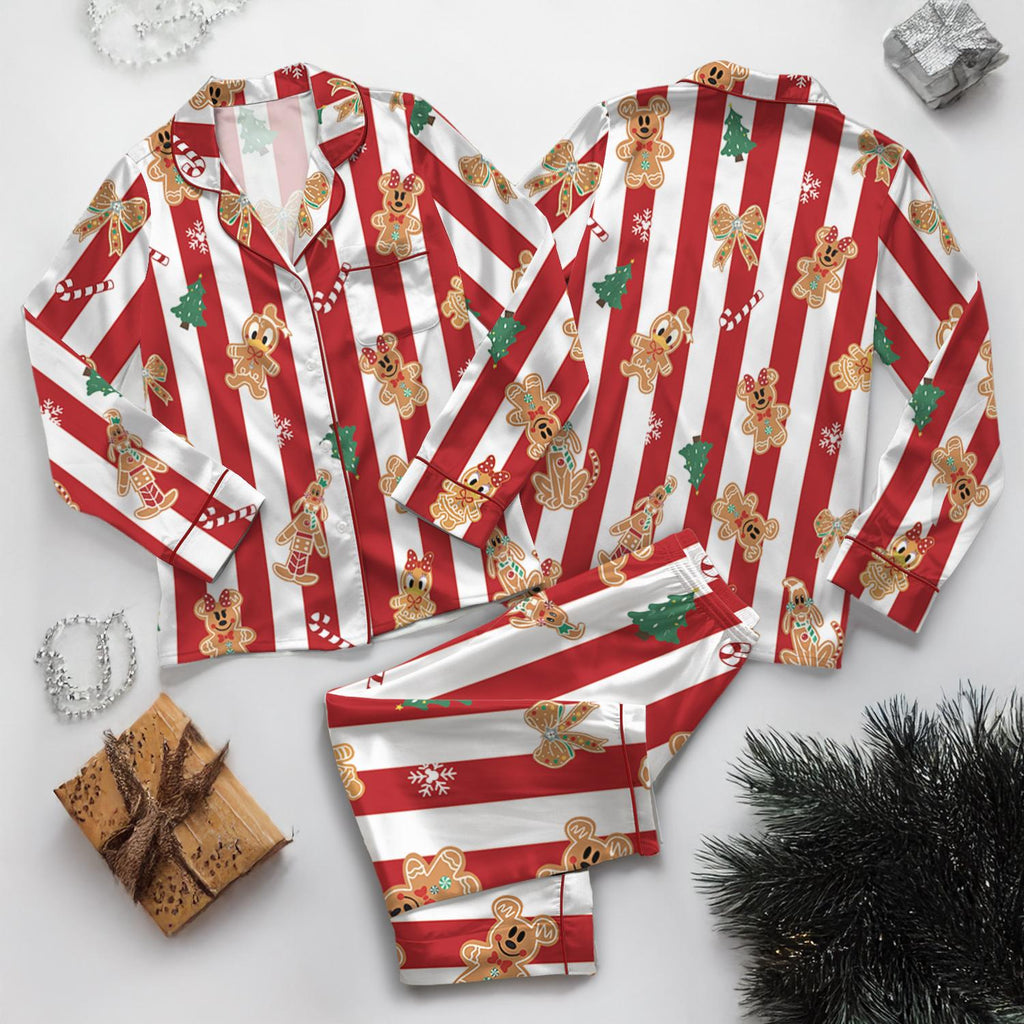 Mickey And Friends Gingerbread Bakery Christmas Pajamas, Disneyland Very Merry Xmas Satin Set, Holiday Family Gift