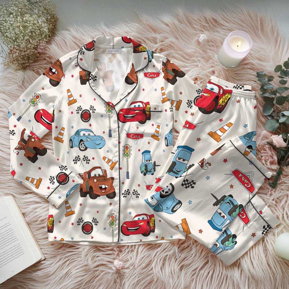 Disney Lightning McQueen Satin Pajamas Set, Disney Cars Movie Holiday Pajamas, Pixar Up Women Pajamas