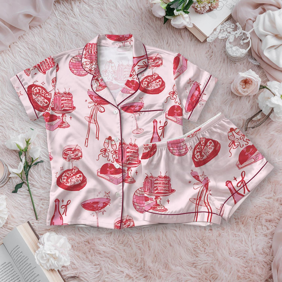Cocktail Girl Social Club Satin Pajama Set, Retro Disco Ball Margarita Pjs, Cocktail Bow Loungewear, Cute Girly Party Pjs