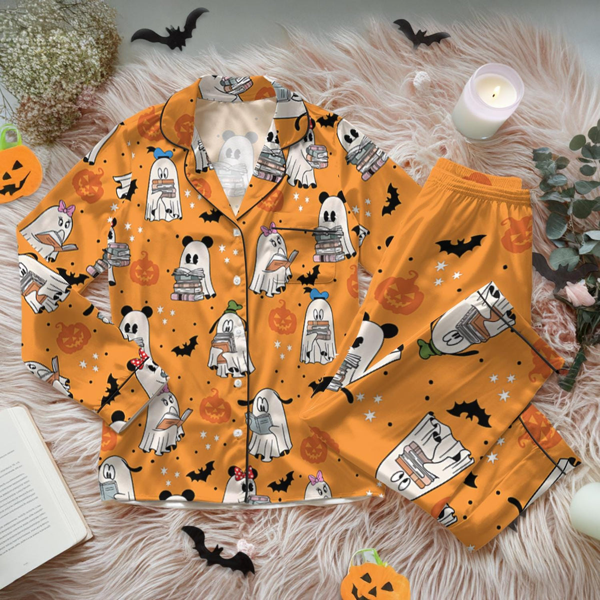 Disney Mickey Minnie Ghost Reading Books Satin Pajamas Set, Bookish Halloween Mickey And Friends, Spooky Season Gift