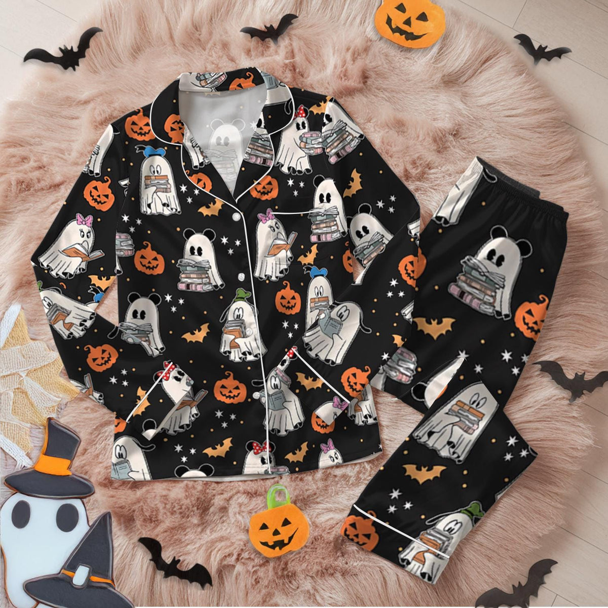 Disney Mickey Minnie Ghost Reading Books Satin Pajamas Set, Bookish Halloween Mickey And Friends, Spooky Season Gift