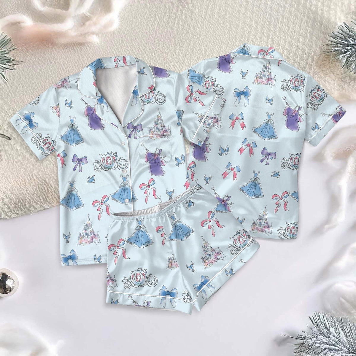 Disney Cinderella Satin Pajamas Short set, Disney Princess Short Sleeve Pjs, Fairytale Pjs Shorts, Coquette Bow Princess Pajamas