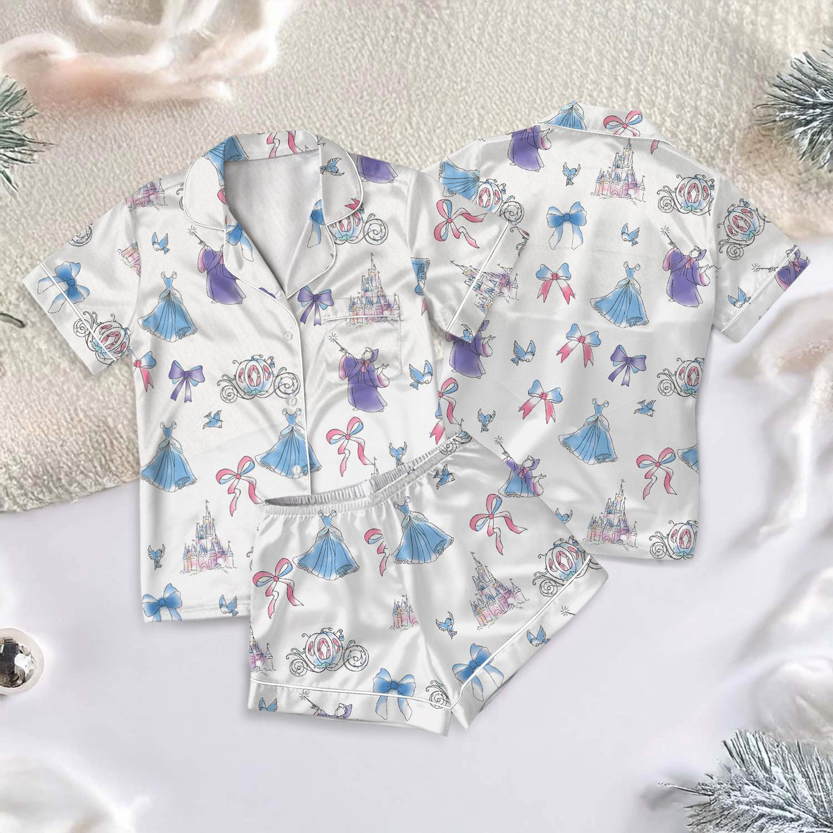 Meet Me At Midnight Cinderella Pajamas Short Set, Cinderella Short Sleeve Pjs, Disney Princess Pajamas, Cinderella Coquette Bow Pajamas