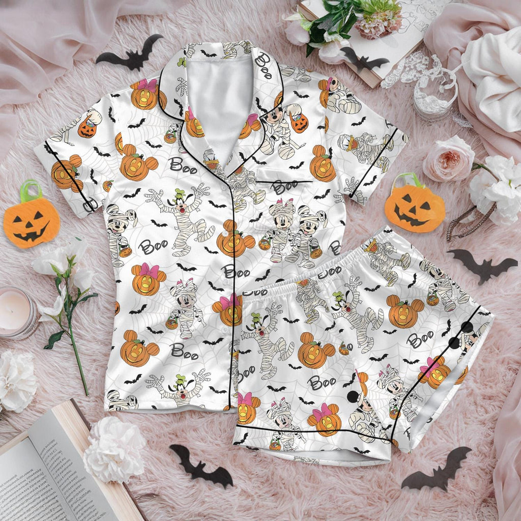 Halloween Mickey & Friends Satin Pajamas Short Set, Disney Satin Short Sleeve Halloween Pajamas, Mickey Pumpkin Trick or Treat Sleepwear