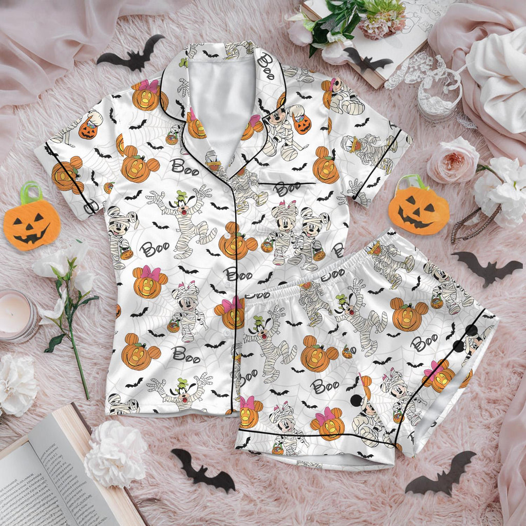 Halloween Mickey & Friends Satin Pajamas Short Set, Disney Satin Short Sleeve Halloween Pajamas, Mickey Pumpkin Trick or Treat Sleepwear