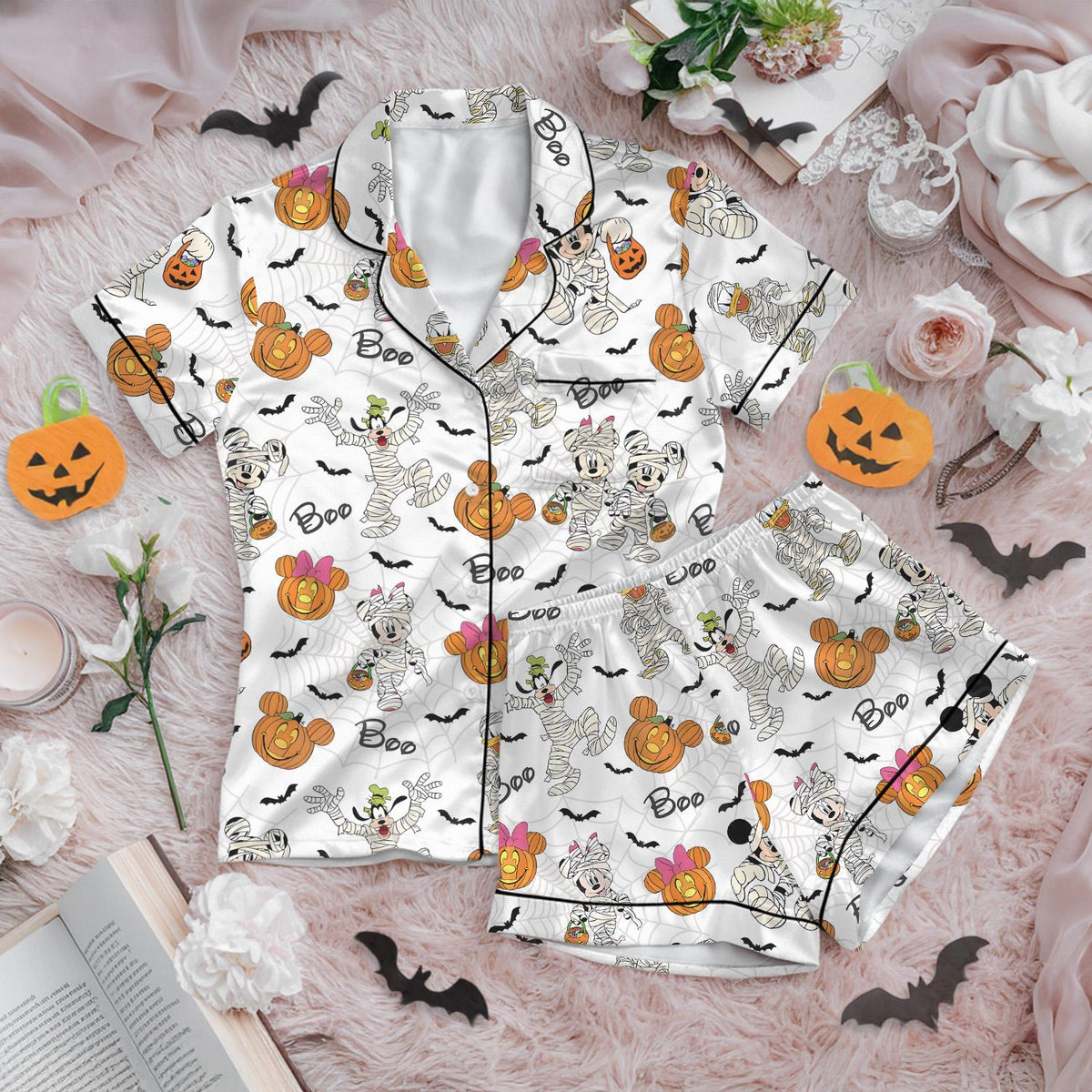 Halloween Mickey & Friends Satin Pajamas Short Set, Disney Satin Short Sleeve Halloween Pajamas, Mickey Pumpkin Trick or Treat Sleepwear