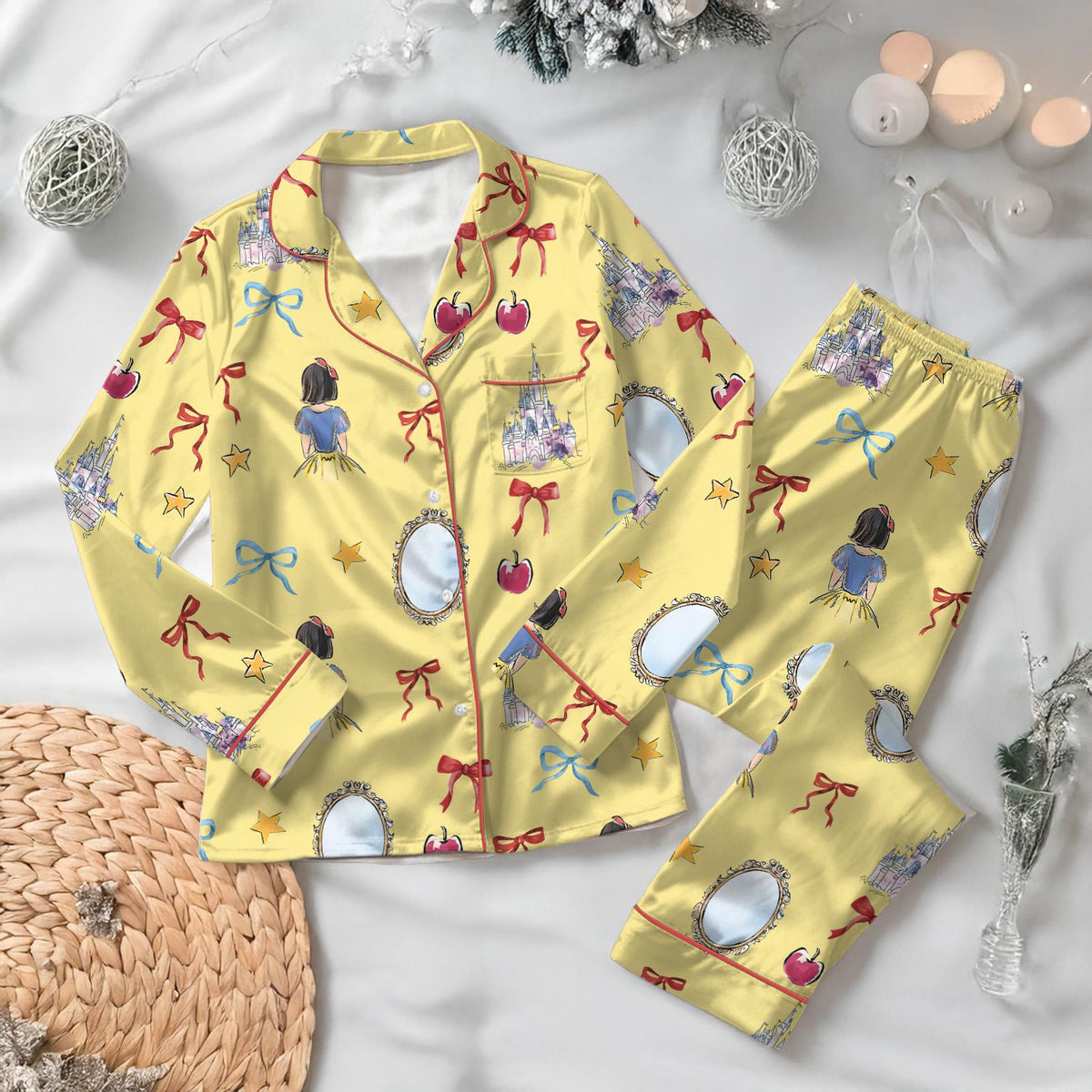 Coquette Bow Snow White Princess Satin Pajamas Set, Disney Snow White Pjs, Cute fairy tale pajamas, Disney Princess Pajamas