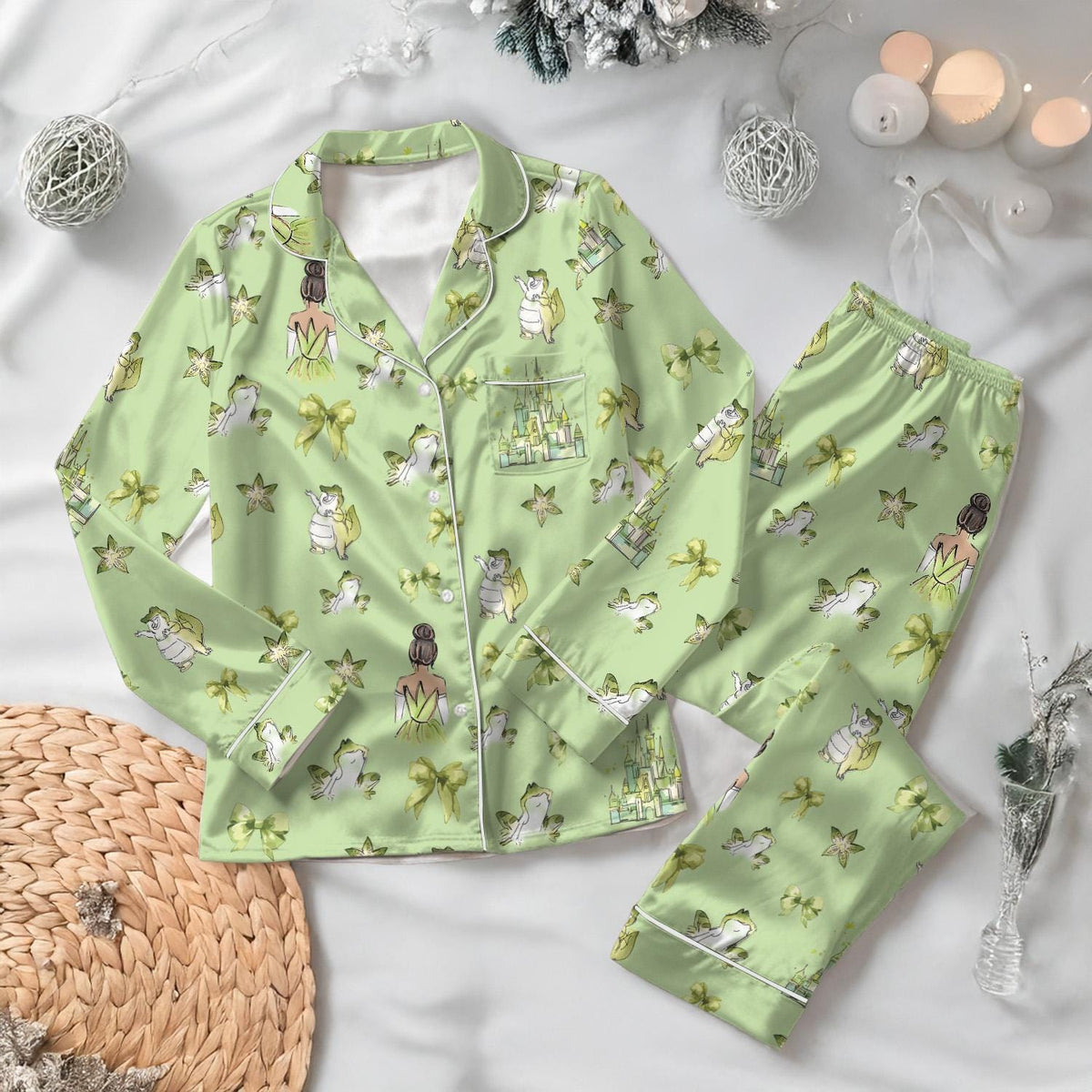 Tiana Princess And The Frog Pajamas Set, Coquette Bows Disney Women Pajamas, Princess Tiana Holiday Pajamas, Disney Cartoon Pjs