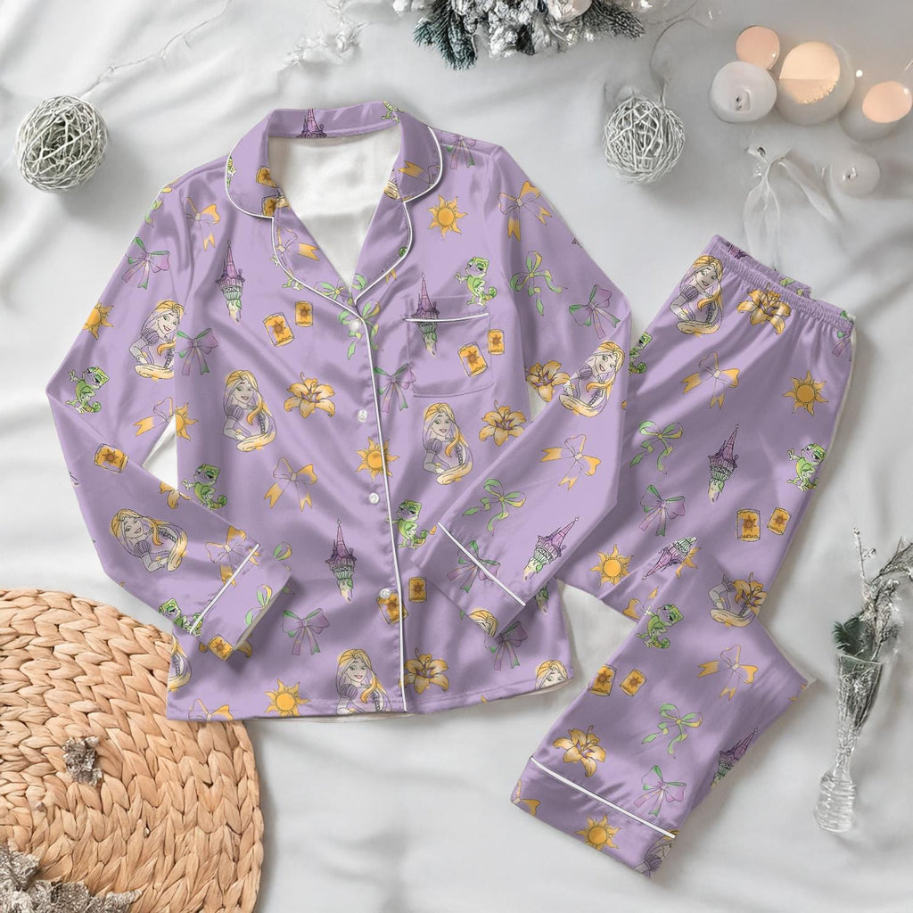 Coquette Bow Rapunzel Satin Pajamas Set, Disney Princess Pajamas, Tangled Coquette Bow Pajamas