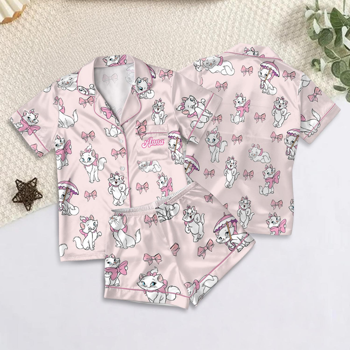 Pink Marie Cat Satin Pajamas Set, Disney The Aristocats Fleece Marie Cat Pajamas, Coquette Bow Cat Lover Loungewear Set