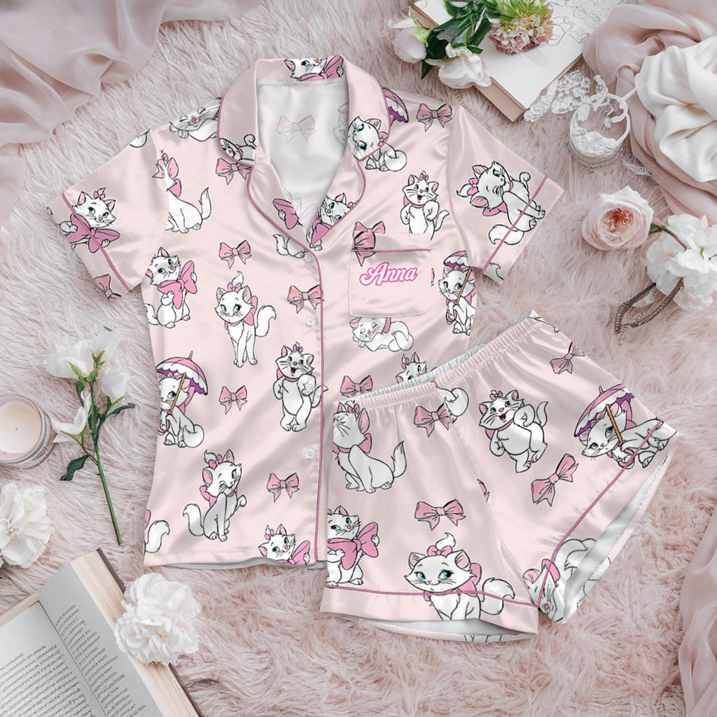 Pink Marie Cat Satin Pajamas Set, Disney The Aristocats Fleece Marie Cat Pajamas, Coquette Bow Cat Lover Loungewear Set
