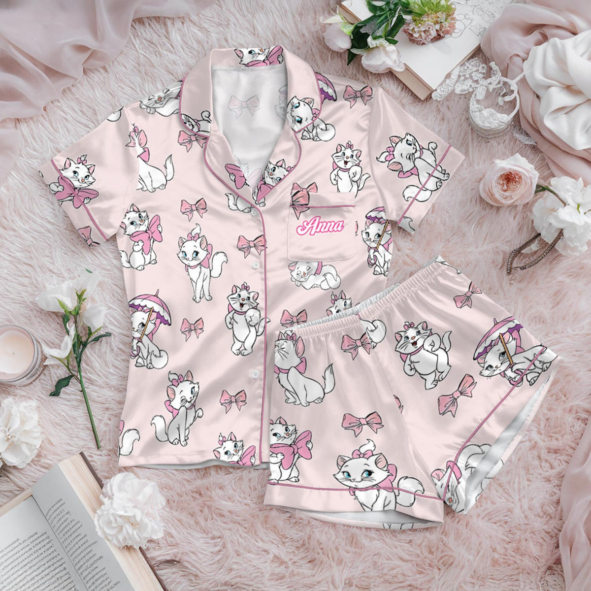 Pink Marie Cat Satin Pajamas Set, Disney The Aristocats Fleece Marie Cat Pajamas, Coquette Bow Cat Lover Loungewear Set