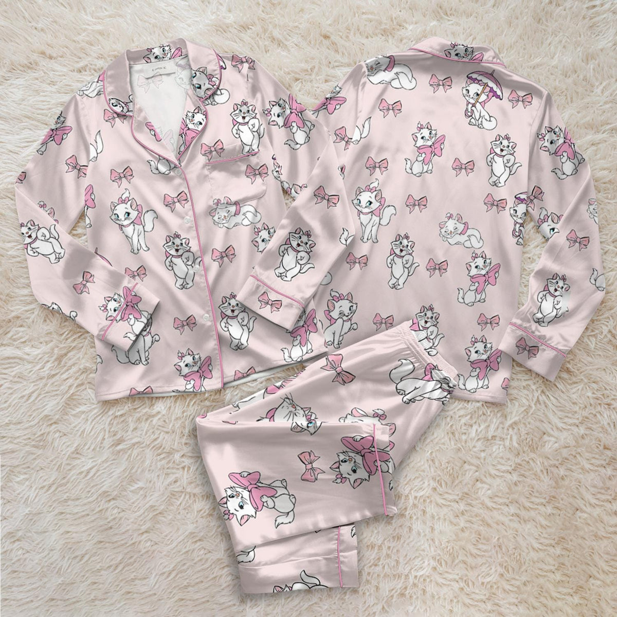 Pink Marie Cat Satin Pajamas Set, Disney The Aristocats Fleece Marie Cat Pajamas, Coquette Bow Cat Lover Loungewear Set