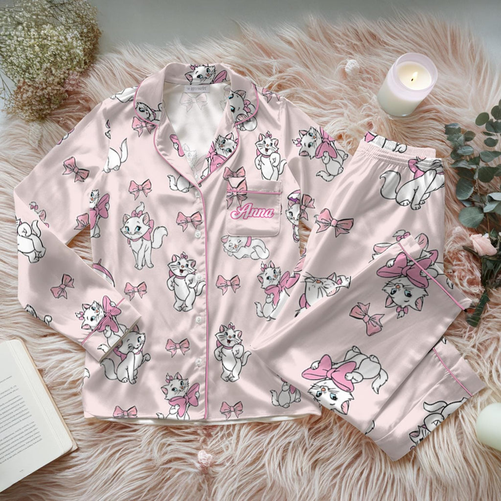Pink Marie Cat Satin Pajamas Set, Disney The Aristocats Fleece Marie Cat Pajamas, Coquette Bow Cat Lover Loungewear Set