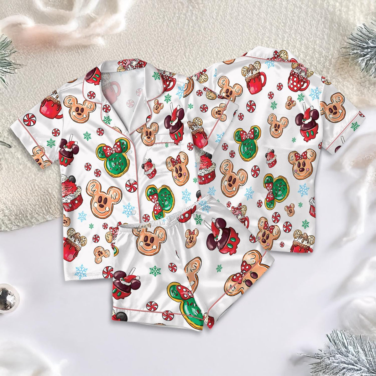 Disney Christmas Mickey Candy Satin Pajamas Set, Mickey Mouse Snacks Pajamas, Disneyland Very Merry Xmas Holiday