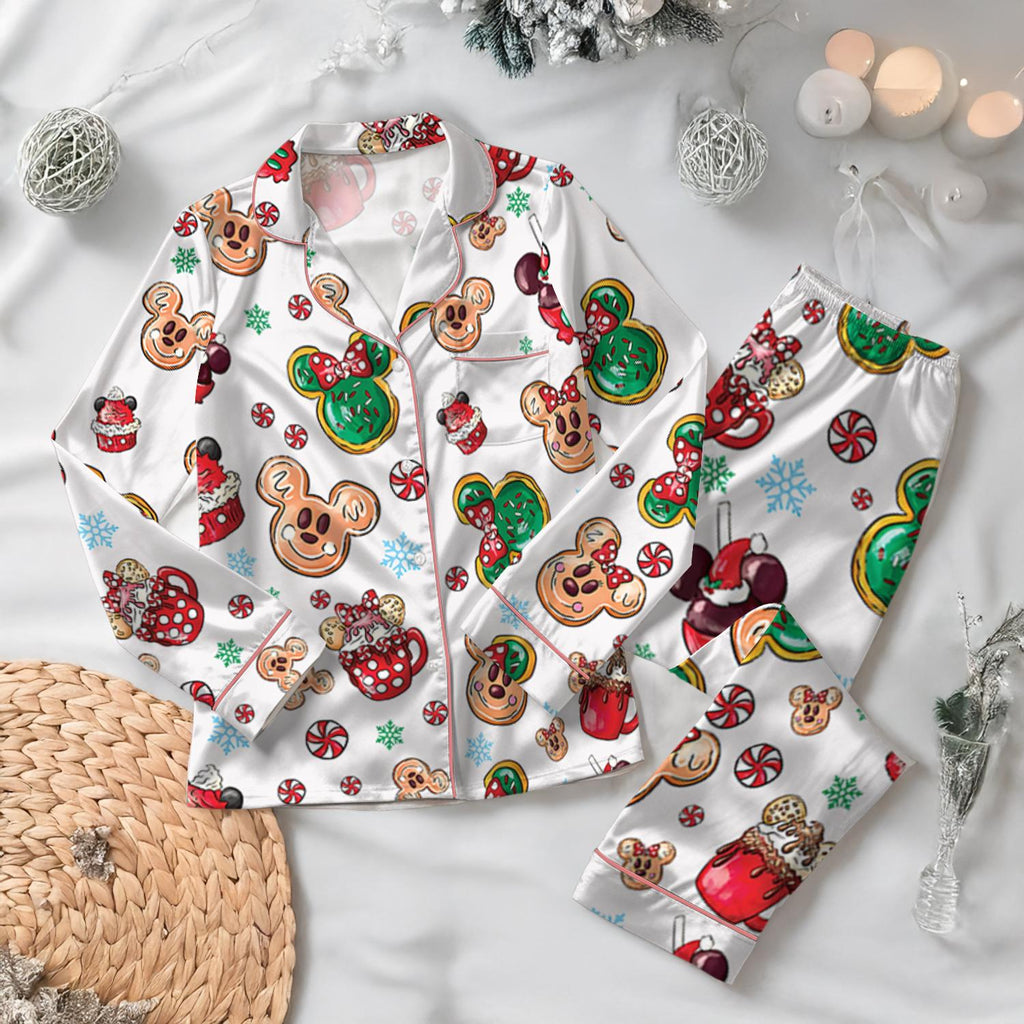 Disney Christmas Mickey Candy Satin Pajamas Set, Mickey Mouse Snacks Pajamas, Disneyland Very Merry Xmas Holiday