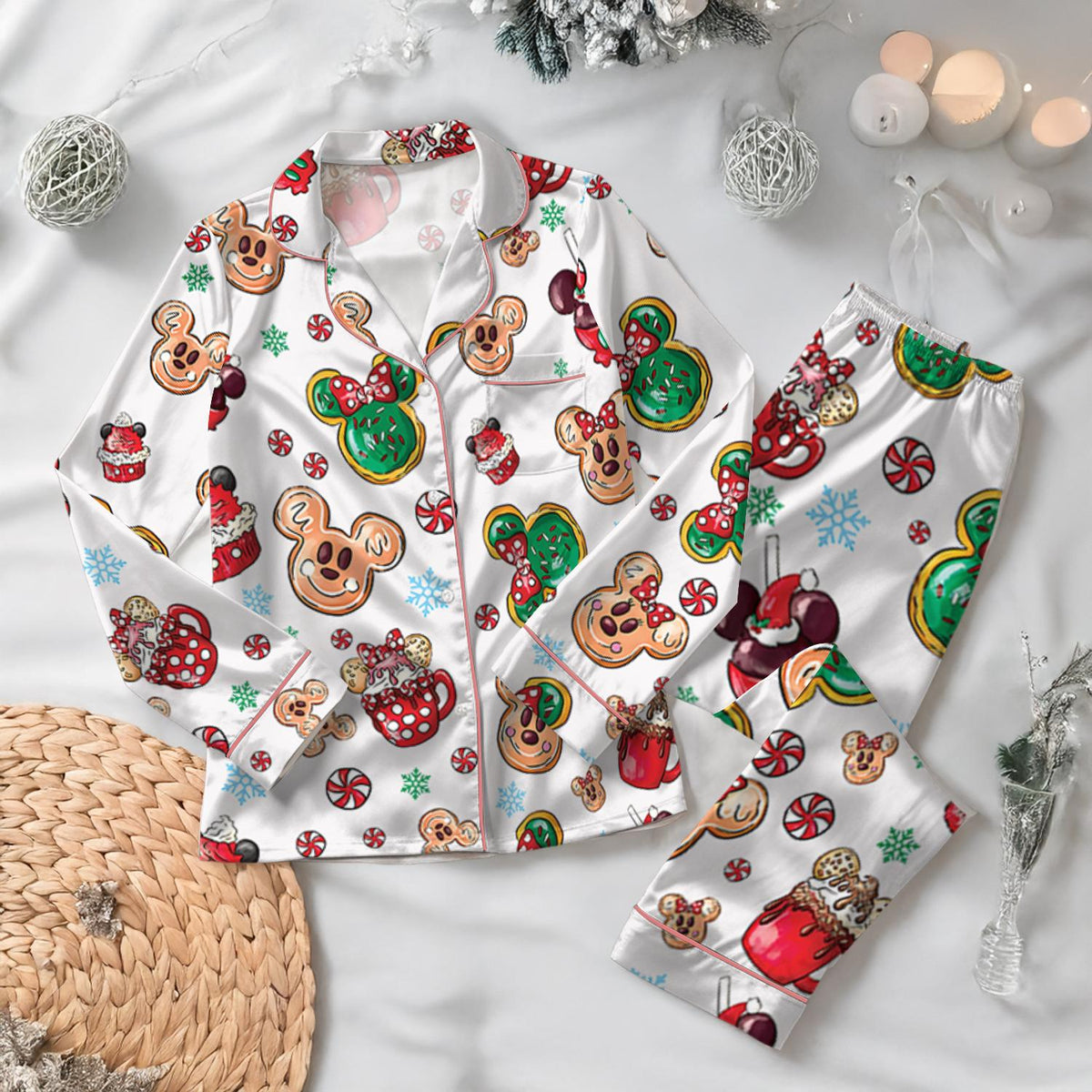 Disney Christmas Mickey Candy Satin Pajamas Set, Mickey Mouse Snacks Pajamas, Disneyland Very Merry Xmas Holiday