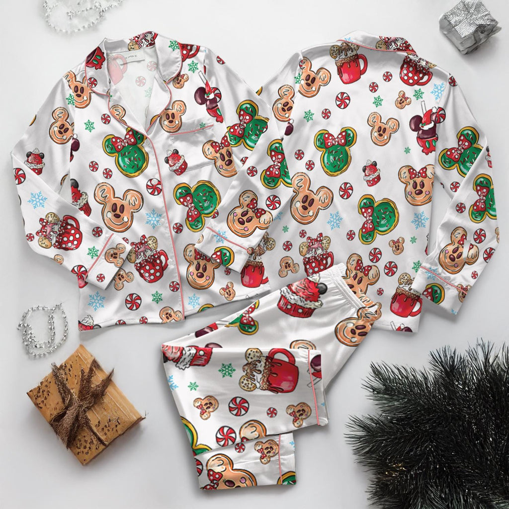 Disney Christmas Mickey Candy Satin Pajamas Set, Mickey Mouse Snacks Pajamas, Disneyland Very Merry Xmas Holiday