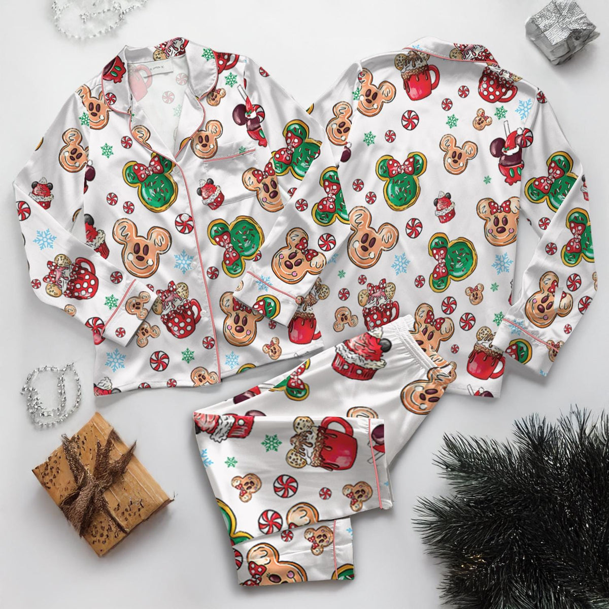 Disney Christmas Mickey Candy Satin Pajamas Set, Mickey Mouse Snacks Pajamas, Disneyland Very Merry Xmas Holiday