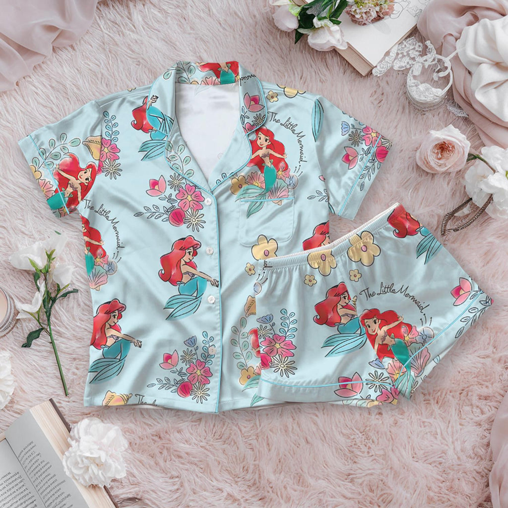 Disney The Little Mermaid Ariel Satin Pajamas Set, Disney Princess Silk Pajamas, Ariel Flounder Pajamas