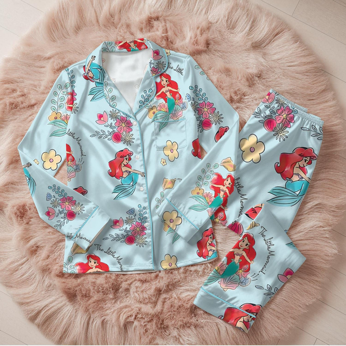 Disney The Little Mermaid Ariel Satin Pajamas Set, Disney Princess Silk Pajamas, Ariel Flounder Pajamas