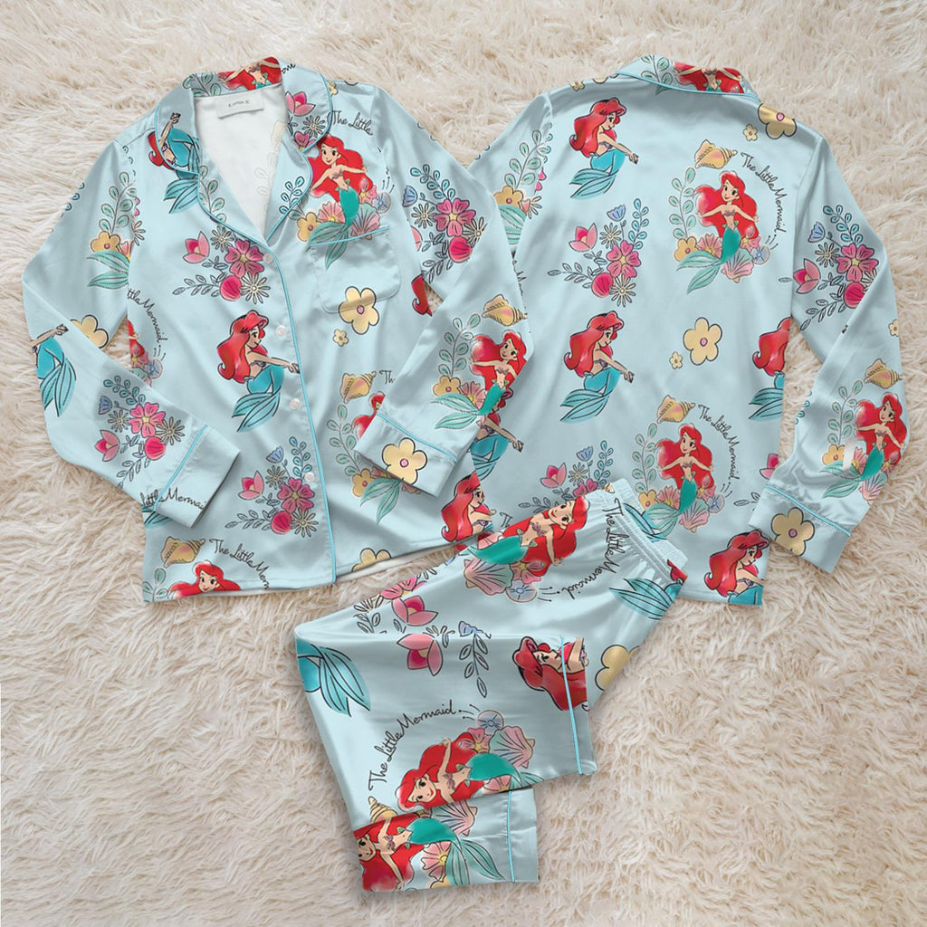 Disney The Little Mermaid Ariel Satin Pajamas Set, Disney Princess Silk Pajamas, Ariel Flounder Pajamas