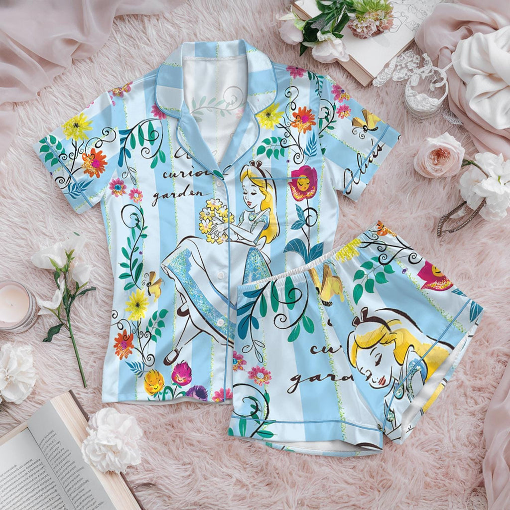 Disney Alice in Wonderland Satin Pajamas Set, Cute Tea Time Sleepwear, Alice In Wonderland Flowers Summer Nightwear