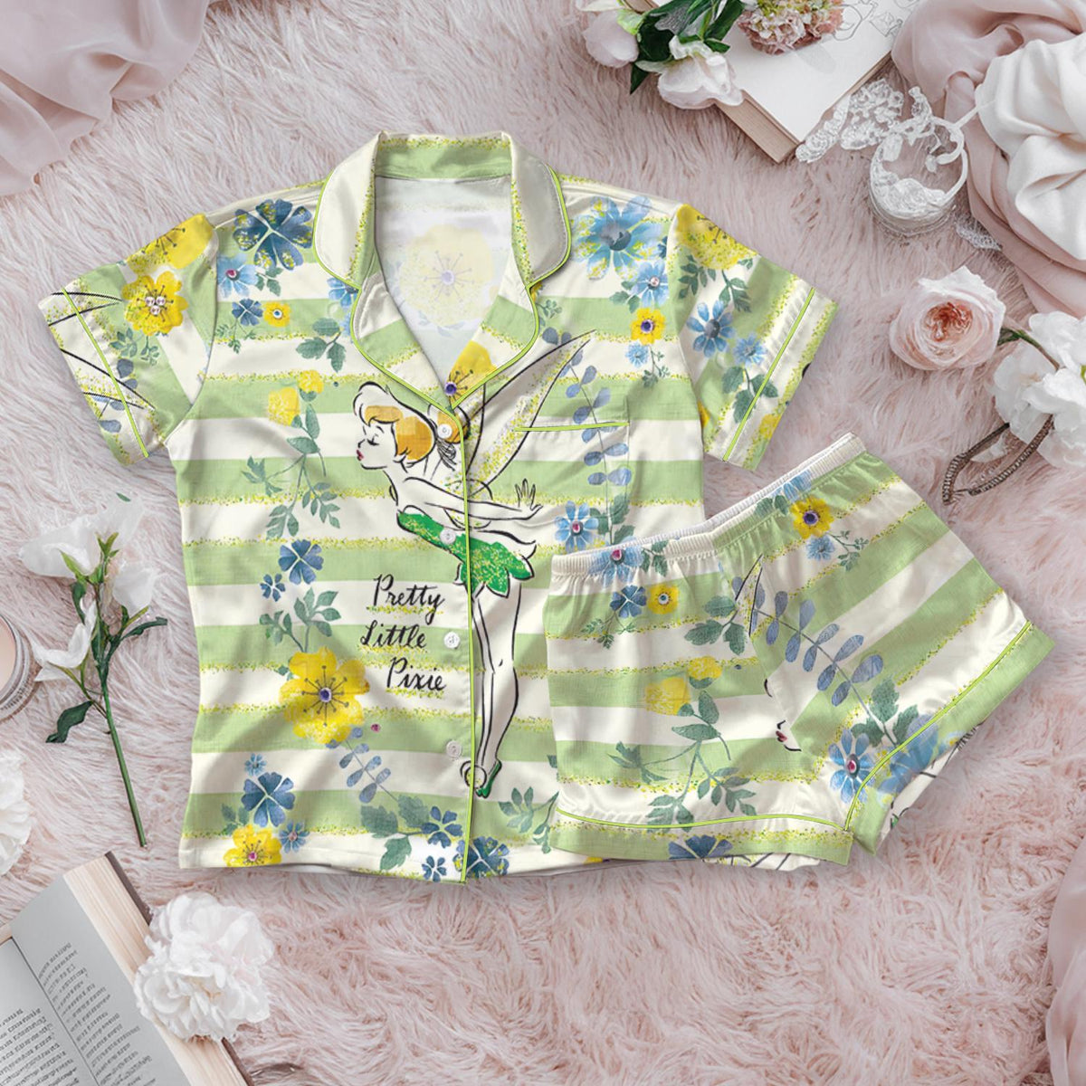Disney Tinker Bell Satin Pajamas Set, Disney Fairytale Pjs, Disneyland Fairy Magical Movie Cartoon Pajamas