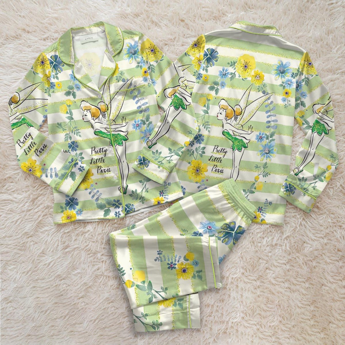 Disney Tinker Bell Satin Pajamas Set, Disney Fairytale Pjs, Disneyland Fairy Magical Movie Cartoon Pajamas