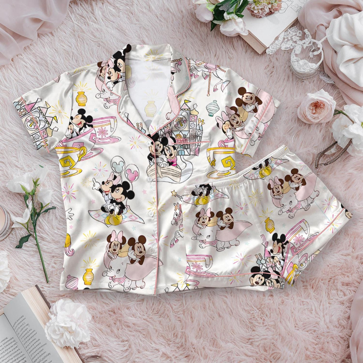 Pastel Magical Mouse Park Day Spring and Summer Satin Pajamas Set, Disney Mickey Minnie Parks Pajamas, Magic Kingdom Pajamas