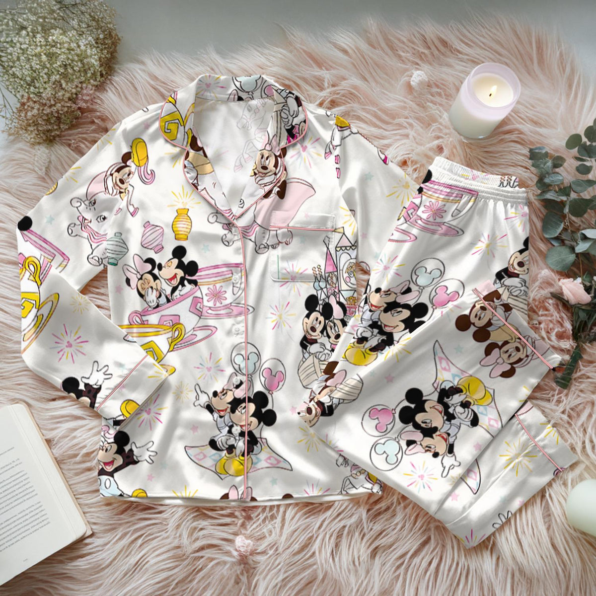 Pastel Magical Mouse Park Day Spring and Summer Satin Pajamas Set, Disney Mickey Minnie Parks Pajamas, Magic Kingdom Pajamas