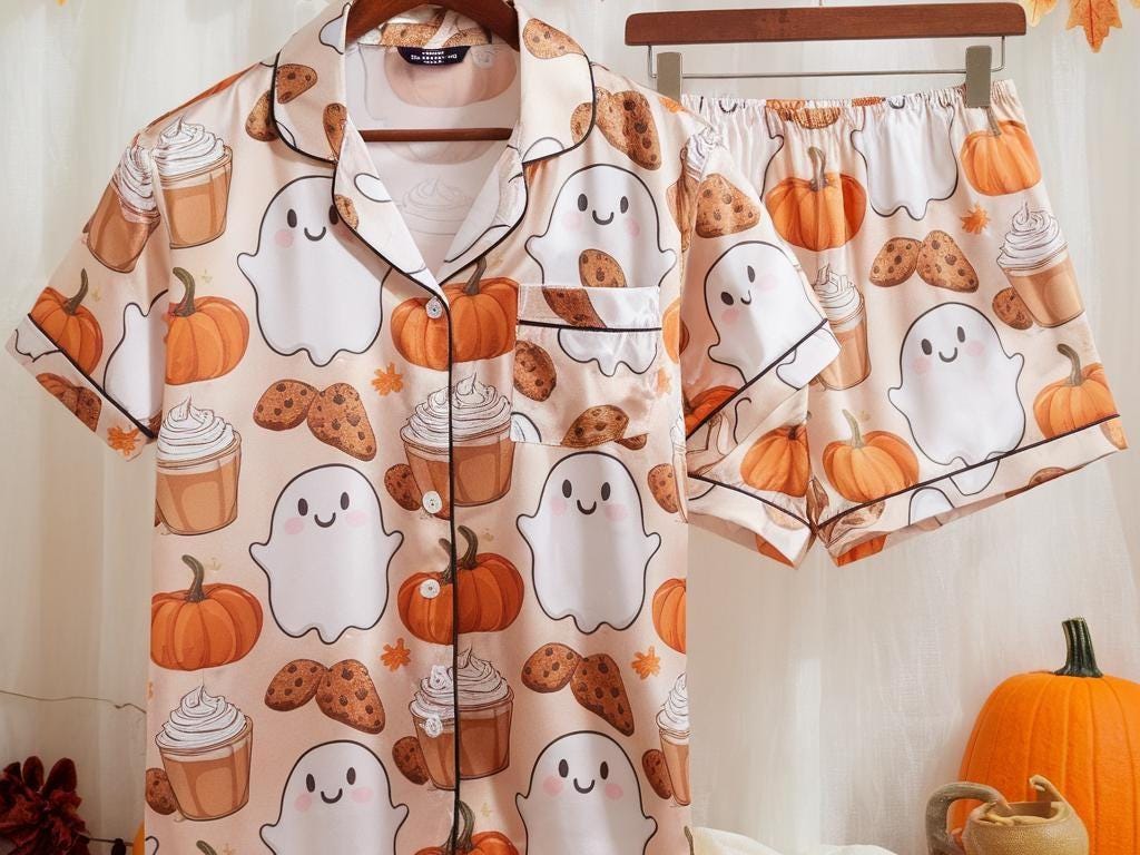 Cute Ghost Pumpkin Satin Pajamas Set, Ghost Pajamas, Coffee Cozy Fall Aesthetic Pajamas, Autumn Pajamas, Halloween Pajamas, Spooky Season