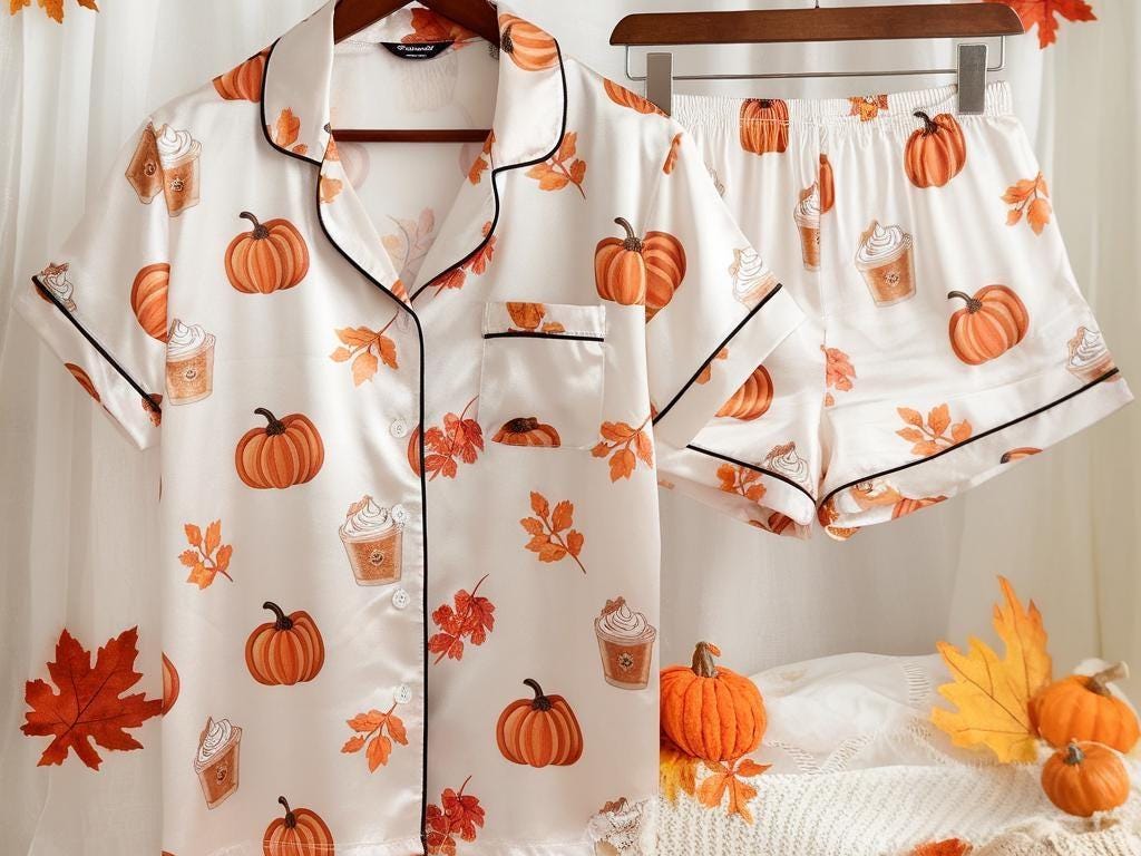 Cozy Fall Aesthetic Satin Pajamas Set, Autumn Pajamas, Fall Pajamas, Pumpkin Pajamas, Pumpkin Latte Pajamas, Halloween Pjs, Cozy Season Pjs