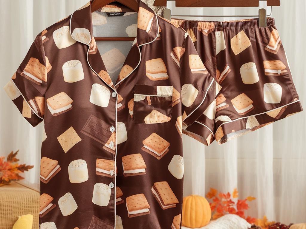 Cute S'mores Satin Pajamas Set, Autumn Pajamas, Cozy Fall Pajamas, Chocolate Pajamas, Fall Snack Pyjamas, Halloween Pjs, Cozy Season Pajamas