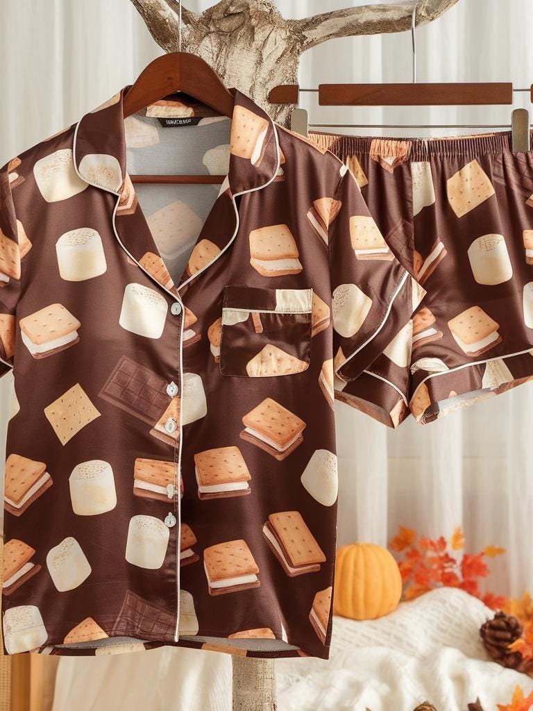 Cute S'mores Satin Pajamas Set, Autumn Pajamas, Cozy Fall Pajamas, Chocolate Pajamas, Fall Snack Pyjamas, Halloween Pjs, Cozy Season Pajamas