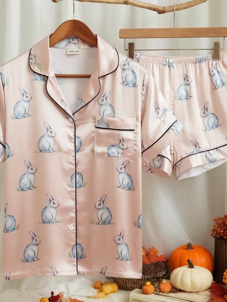 Cute Rabbit Satin Pajamas Set, Rabbits Pajamas, Women Pajamas, Cozy Fall Aesthetic Pajamas, Nature Lovers Pjs, Cute Animal Pjs, Family Pjs
