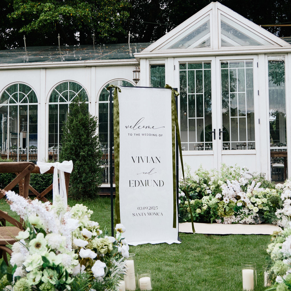 Custom Linen Wedding Welcome Sign, Name Fabric Outdoor Garden Backdrop, Ceremony Elegant Ceremony Decor