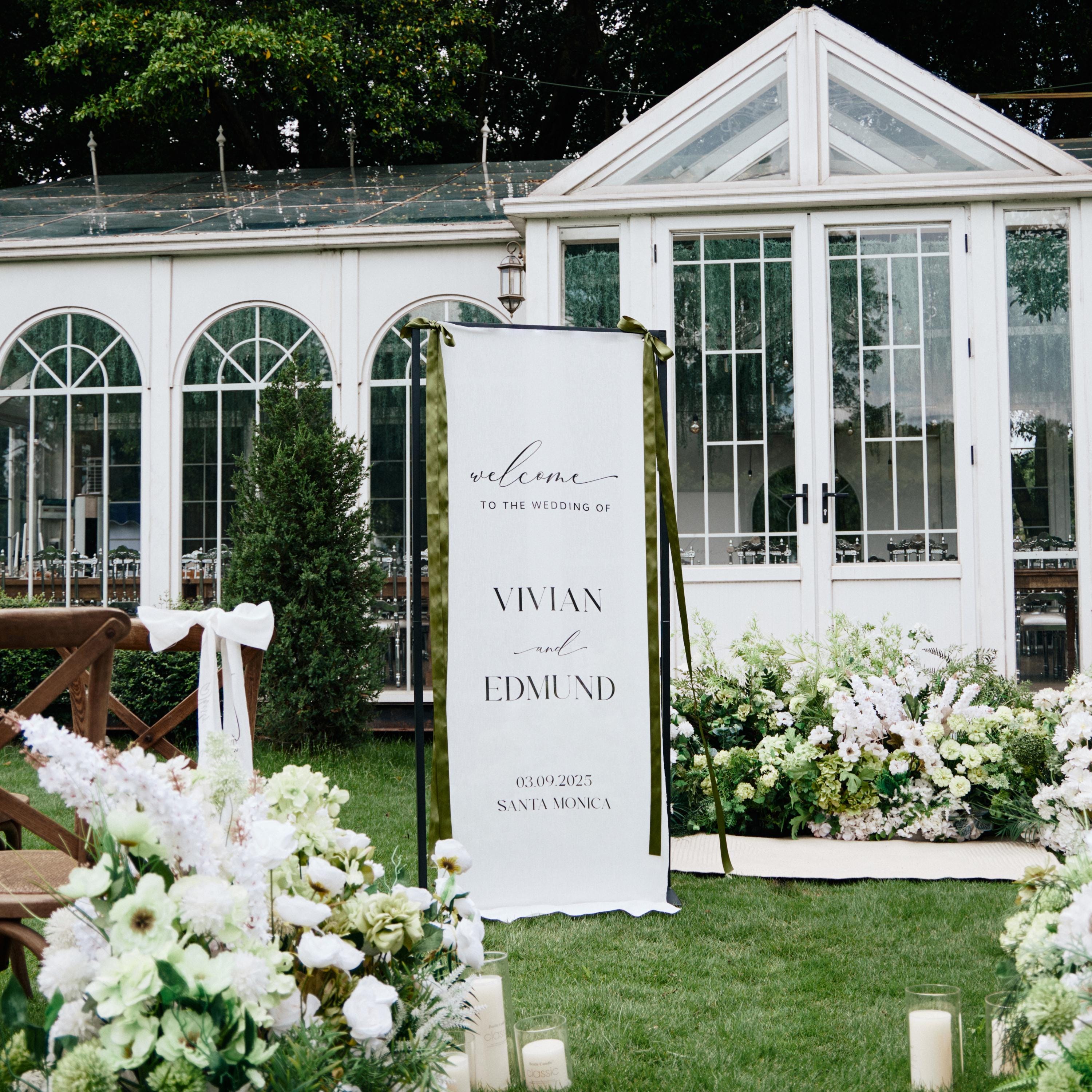 Custom Linen Wedding Welcome Sign, Name Fabric Outdoor Garden Backdrop, Ceremony Elegant Ceremony Decor