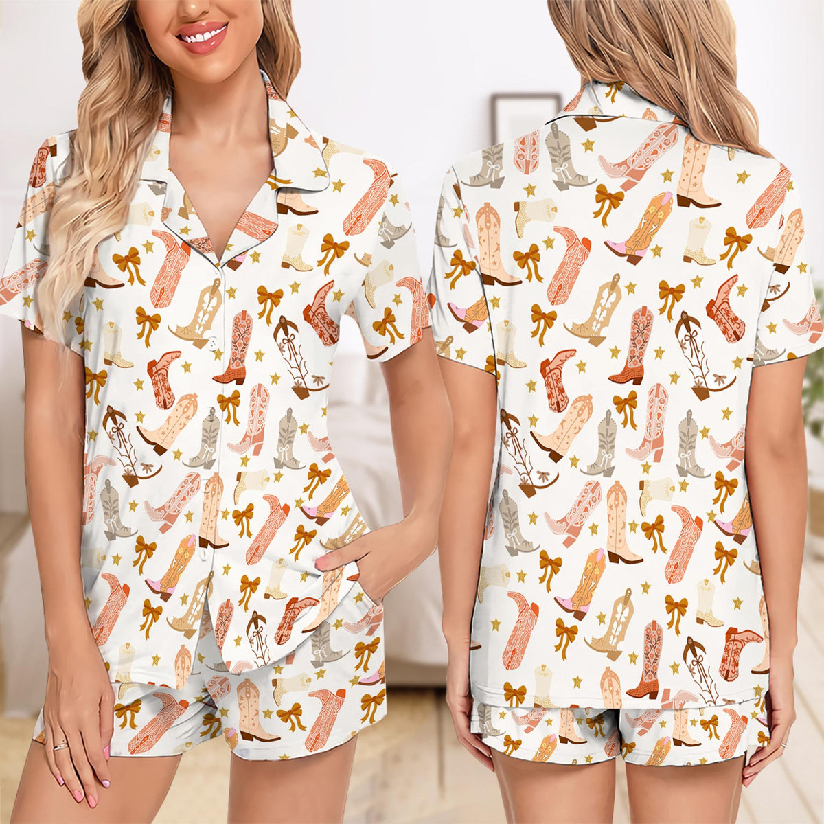 Cowboy Cowgirl Western Print Short Pajamas, Trendy Pajamas Gift for Her, Cowboy Boot Short Pajama Set, Cowgirl Short Pajamas Set Gift