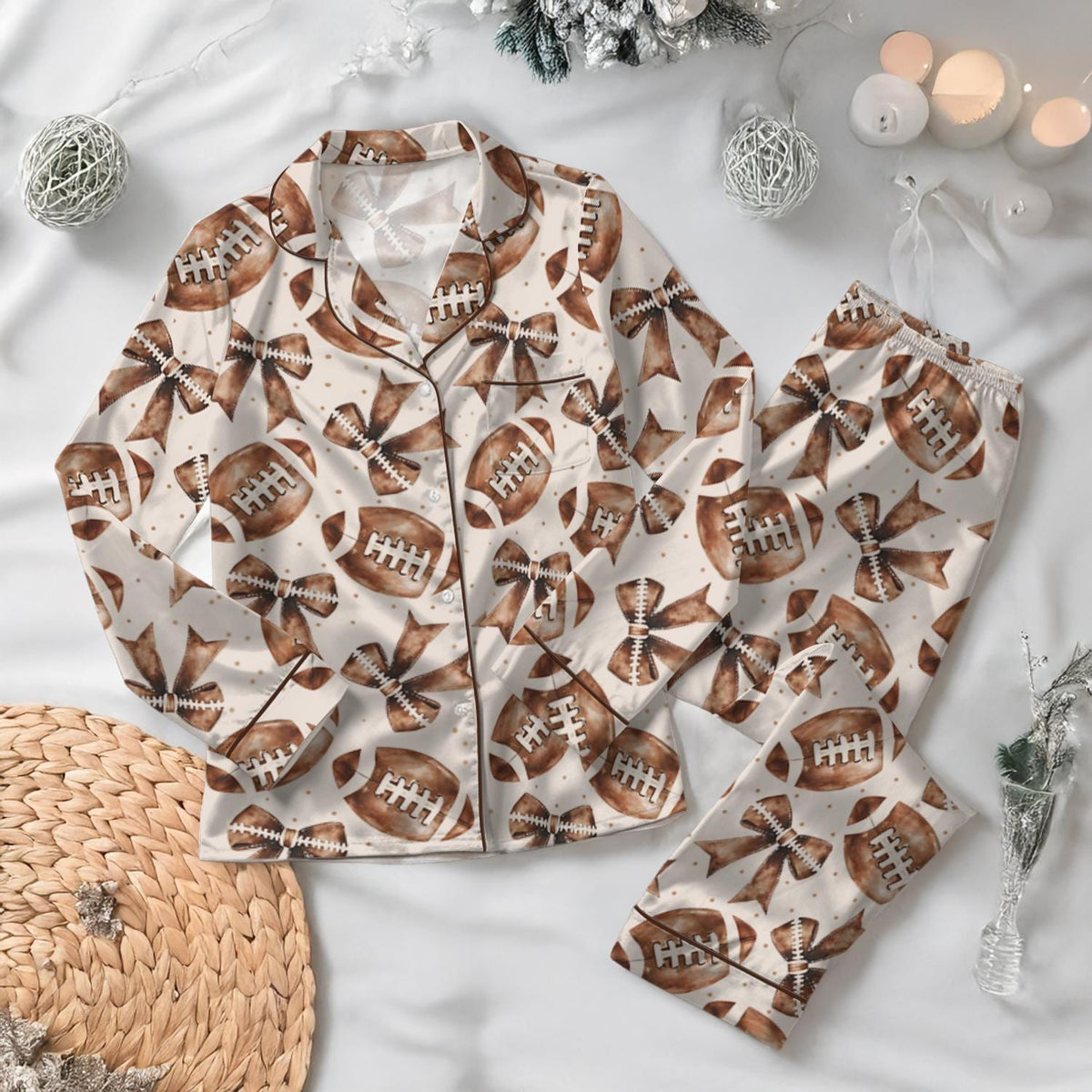 Football Coquette Satin Pajamas Set, Game Day Sleepwear, Preppy Football Homewear, Football And Bow Nightwear, Sport Lover Gift