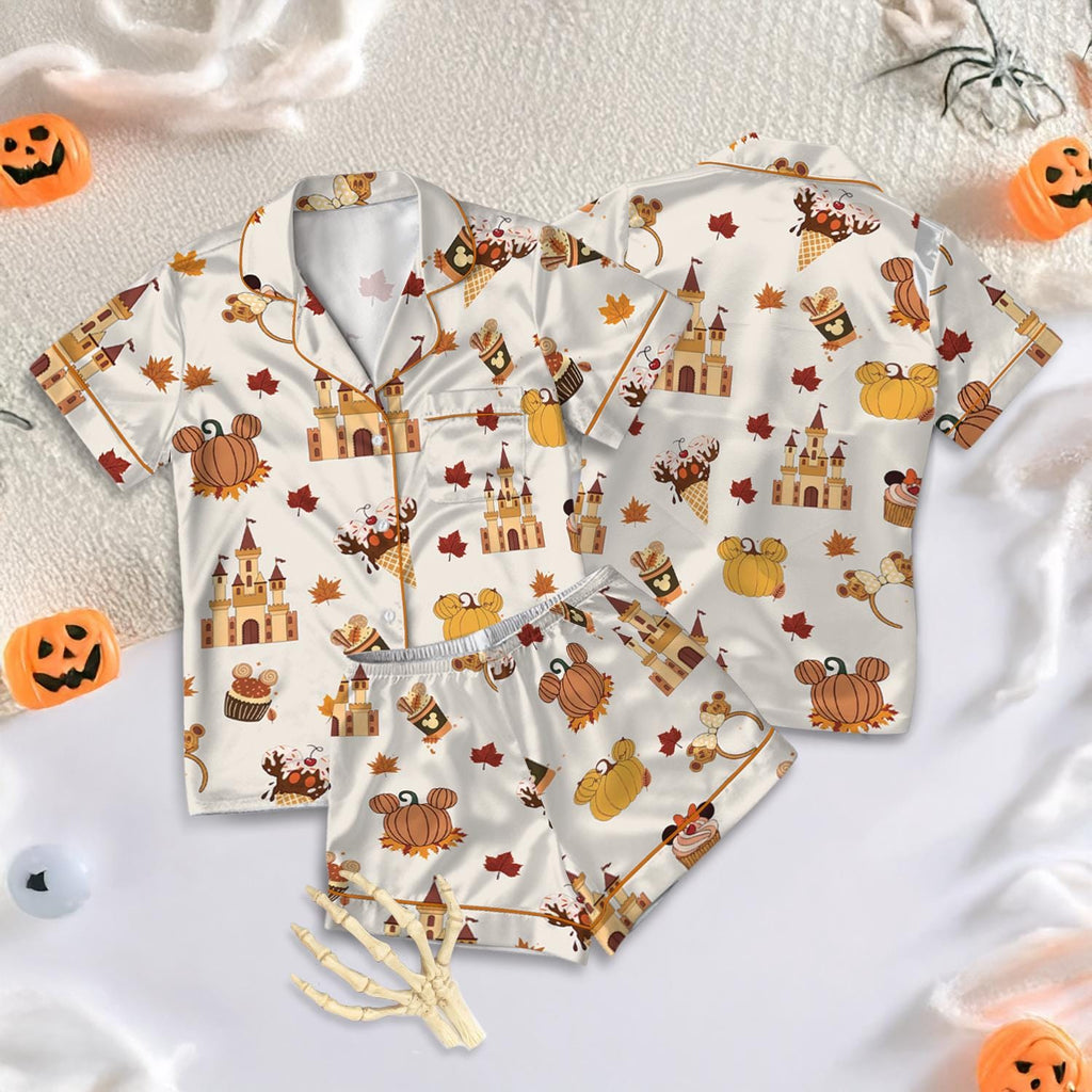 Disney Autumn Pumpkin Satin Pajamas Set, Disney Cute Fall Bow Sleepwear, WDW Family Matching Set, Disney Halloween Gift