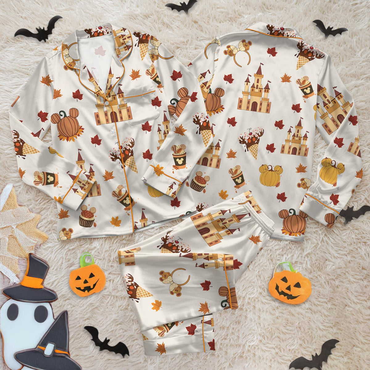Disney Autumn Pumpkin Satin Pajamas Set, Disney Cute Fall Bow Sleepwear, WDW Family Matching Set, Disney Halloween Gift